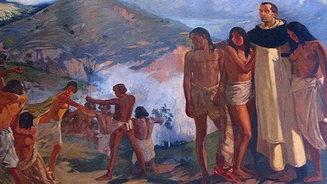 Pintura que recrea la defensa de los indios de Bartolomé de las Casas