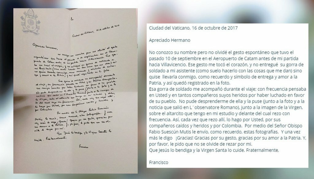 Carta del Papa a un soldado colombiano Carta del Papa a un soldado colombiano