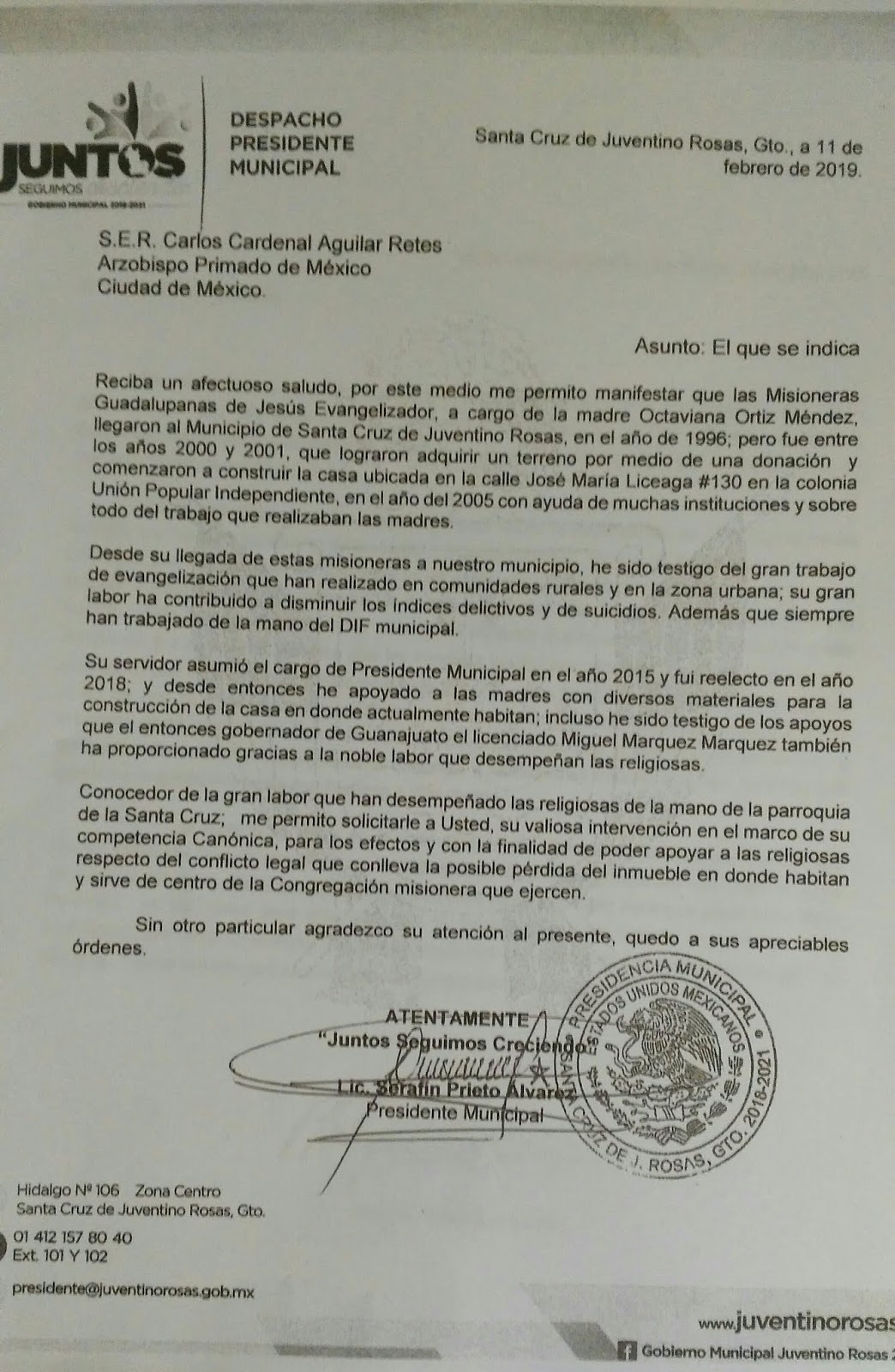 carta presidente municipal juventino rosas