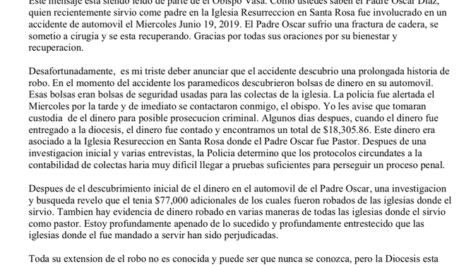 Comunicado diócesis de Santa Rosa