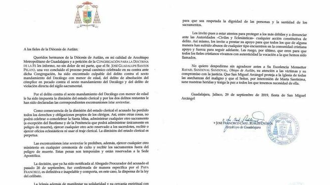 Comunicado del arzobispado de Guadalajara