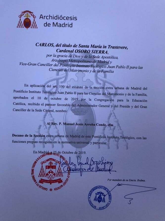 Carta de Osoro nombrando a Manuel Arroba