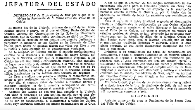 Decreto de Franco de creación del Valle de los Caídos