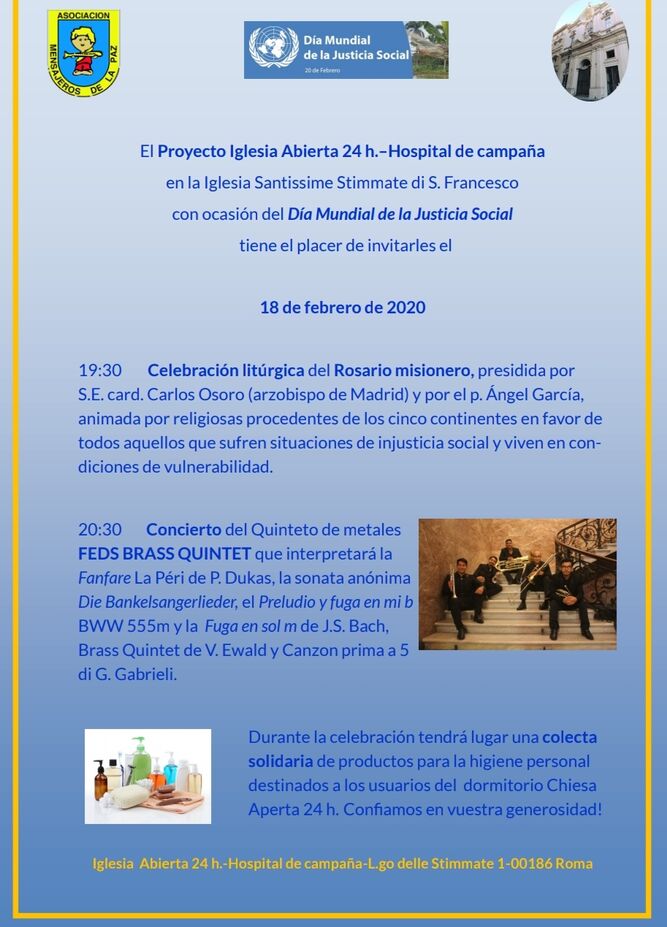 Osoro y el padre Ángel celebran el Día Mundial de la Justicia Social en la iglesia '24 horas' de Mensajeros en Roma Osoro y el padre Ángel celebran el Día Mundial de la Justicia Social en la iglesia '24 horas' de Mensajeros en Roma