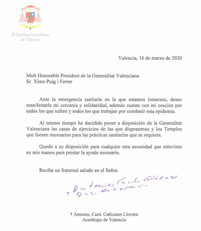 Carta de Cañizares a Ximo Puig