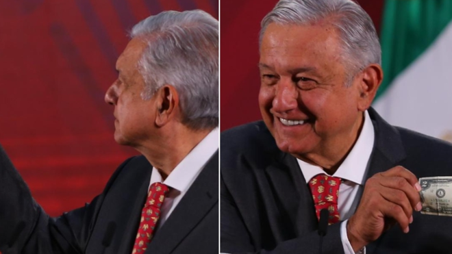 AMLO enseña el 'detente' y el billete de su cartera