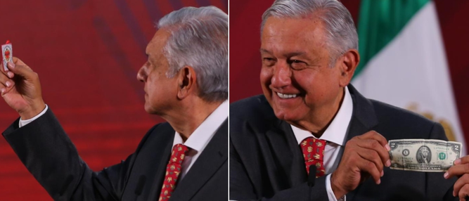 AMLO enseña el 'detente' y el billete de su cartera