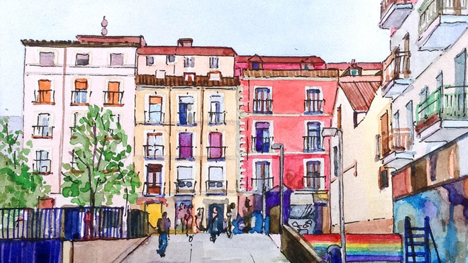 Plaza Nelson Mandela, Lavapiés. Detalle de una acuarela de Margashova