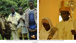 Sayoum Franso, a la izda. de niño. A la derecha, el día de su ordenación episcopal