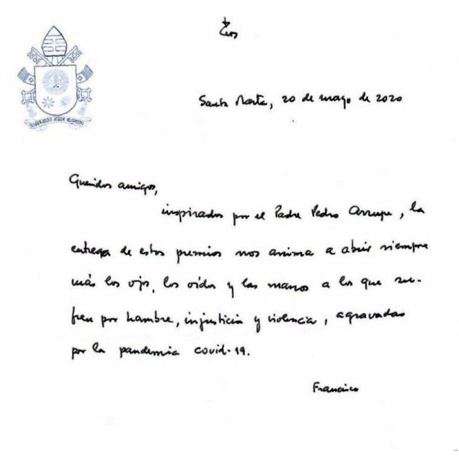Carta del Papa Francisco en la entrega del premio Arrupe
