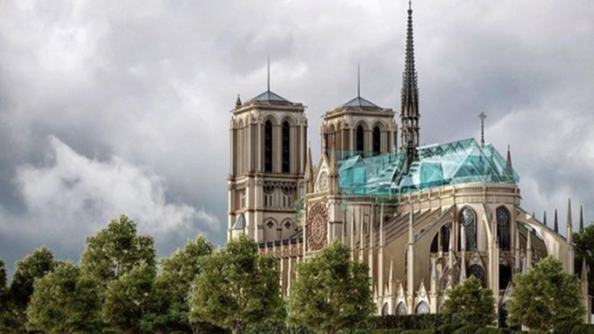 Techo de cristal en uno de los proyectos de reconstrucción de Notre Dame