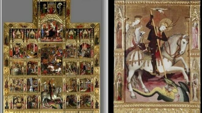 El retablo entero y la escena de san Jorge.