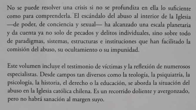 "Vergüenza" en la Iglesia chilena. Contraportada del libro