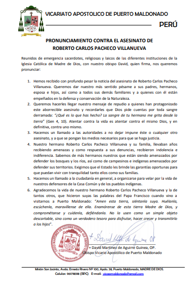 Pronunciamiento Vicariato de Puerto Maldonado