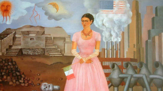 Detalle de "Autorretrato en la frontera entre México y los Estados Unidos", Frida Kahlo