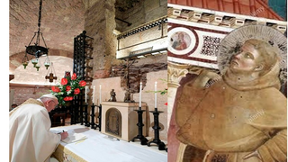 Francisco de Roma y Francisco de Asís "sosteniendo" la iglesia