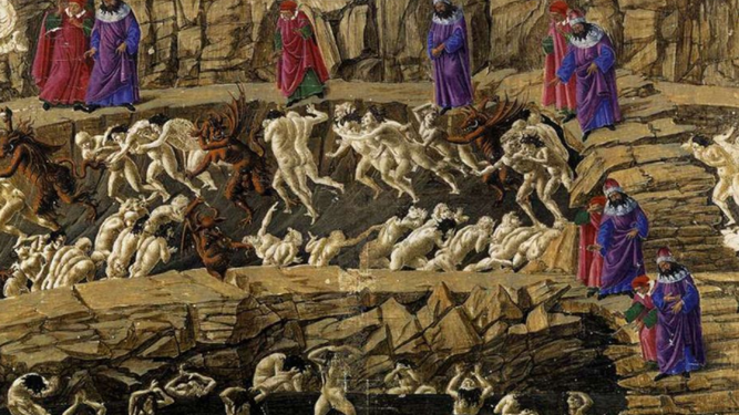 Dante y Virgilio avanzan, como en un cómic, por los círculos del Infierno según S. Botticelli