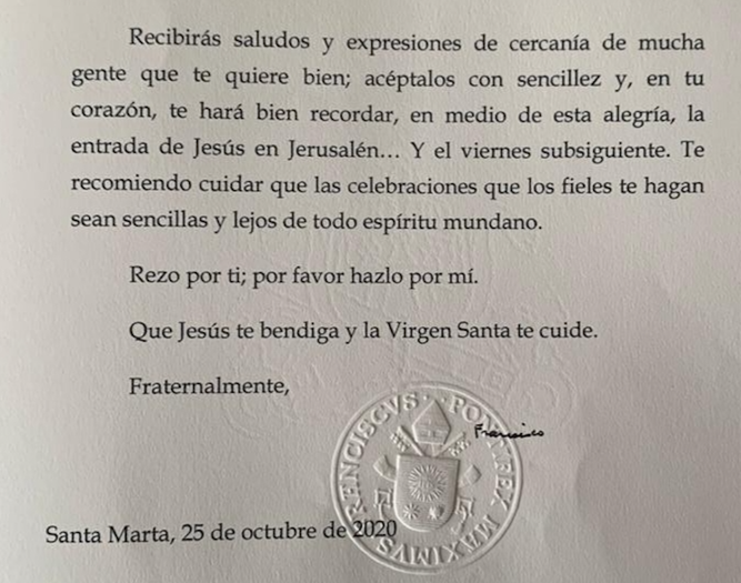 Carta del Papa a Arizmendi