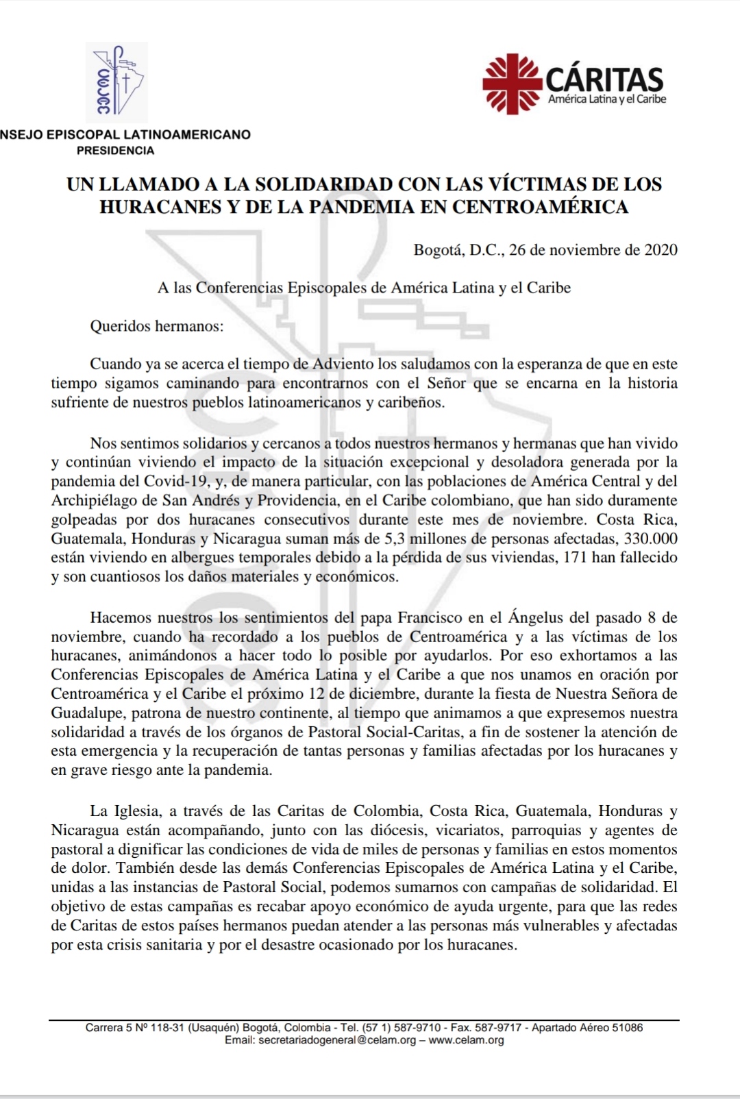 Nota CELAM y Cárita América Latina y el Caribe