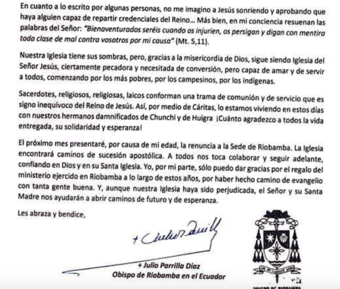 Carta de monseñor Parrilla