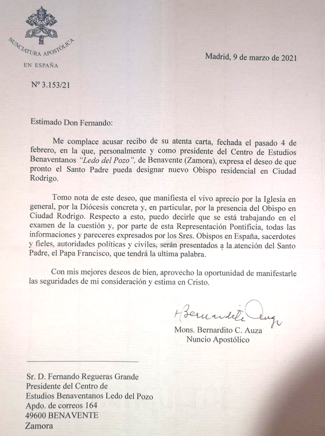 Carta del Nuncio sobre Ciudad ROdrigo