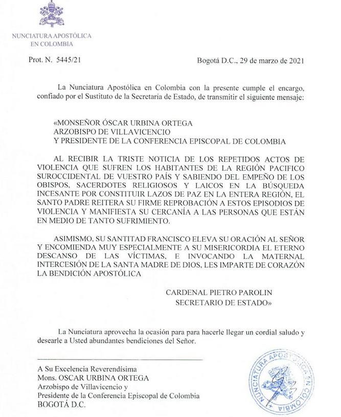 Mensaje del Papa a Colombia