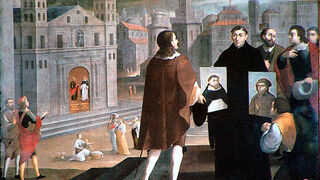 El Abad Joaquín de Fiore presenta los retratos de san Francisco y santo Domingo (h. 1680)