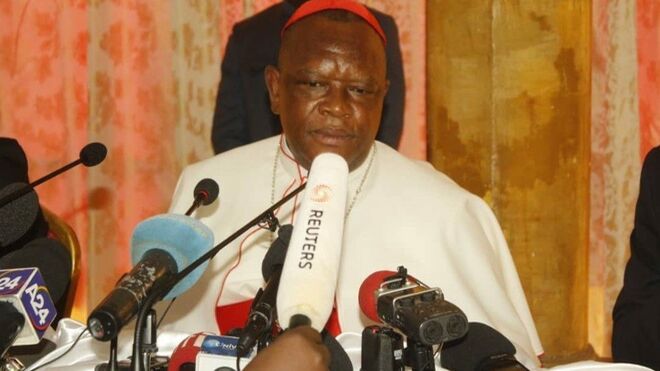 El cardenal Fridolin Ambongo en una comparecencia ante la prensa.