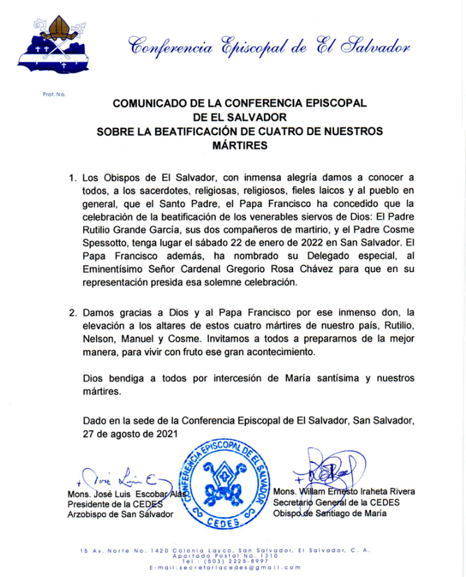 Carta de los obispo de El Salvador sobre la beatificación de Rutilio Grande