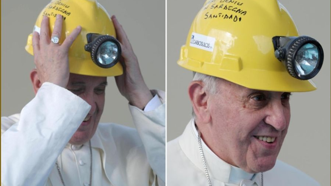 El Papa, con casco de obrero