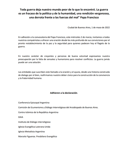 Mensaje por la Paz Religiones Argentina