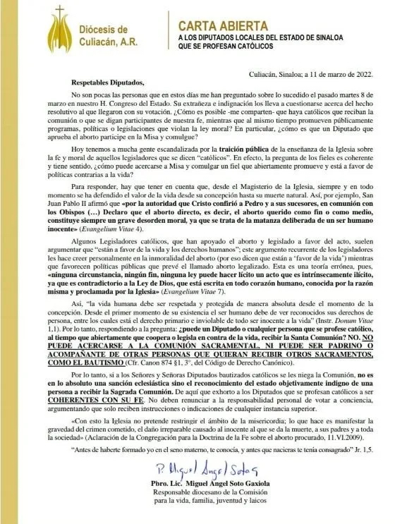 Carta Abierta. Diócesis de Culiacán.