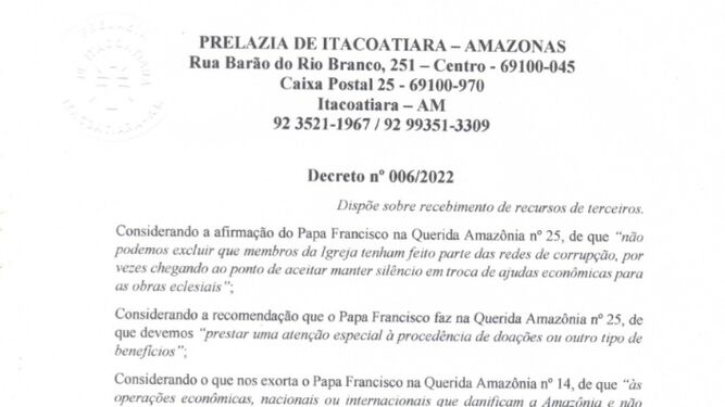 Decreto del obispo amazónico