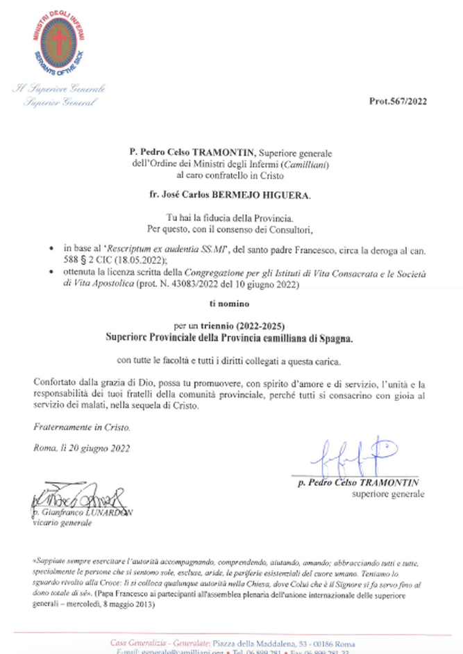 Nombramiento de José Carlos Bermejo como superior provincial de los camilos españoles 2022-25