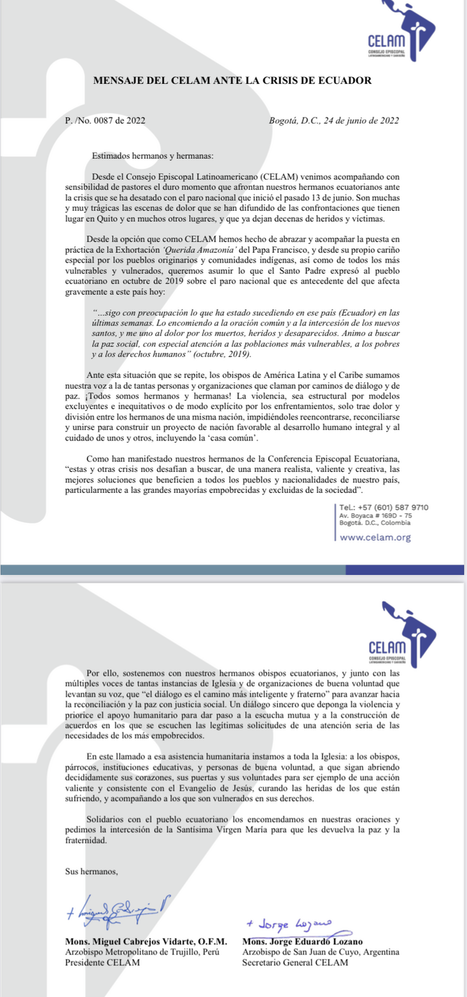 Carta de Celam sobre Ecuador