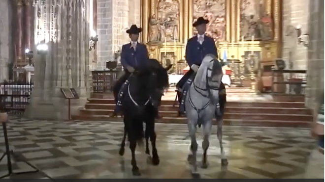 Dos caballos cartujanos en la parroquia jerezana de San Miguel