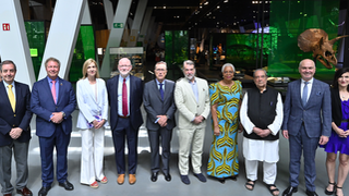 De izquierda a derecha: Jaime Sepúlveda, Seth Berkley, SAR Doña Cristina de Borbón y Grecia, Chris Elias, Antonio Vila Bertrán, Pedro Alonso, Graça Machel, Ashok Khosla, Peter Simon y Delphine Moralis.
