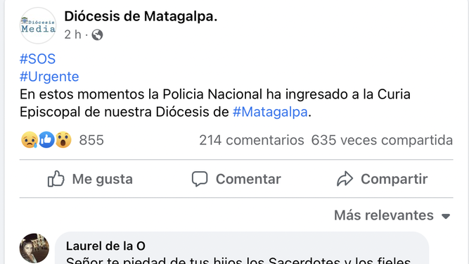 Aviso urgente de la diócesis a través de Facebook