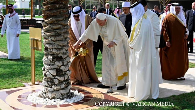 Los líderes religiosos riegan una palmera