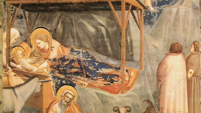 José adormilado y una partera entregándole el Niño a María en el fresco de Giotto. Capilla de los Scrovegni