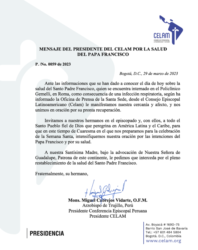 Mensaje del presidente del Celam