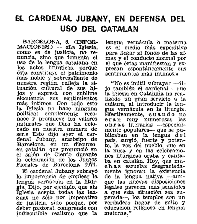 Crínica del cardenal Juvany en defensa del catalán