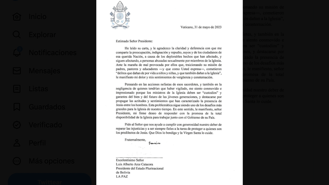 Carta del Papa al presidente de Bolivia