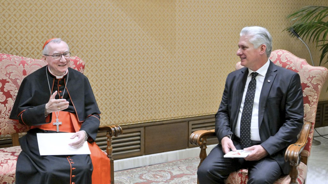 Miguel Díaz-Canel con el cardenal Parolin en su visita al Vaticano