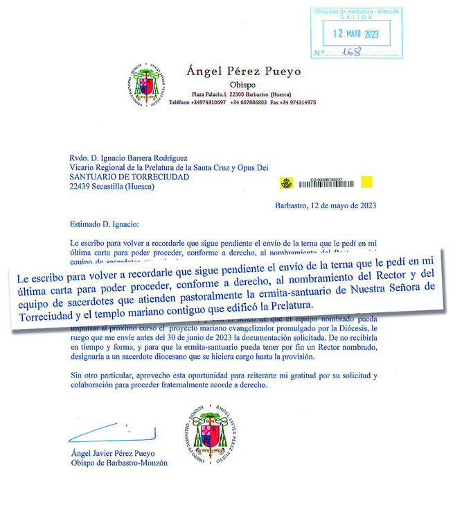 Carta de Pérez Pueyo al vicario del Opus Dei en España