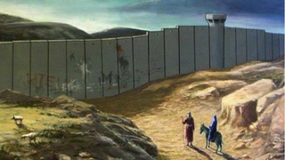 Imagen de José y María ante el muro levantado por Israel