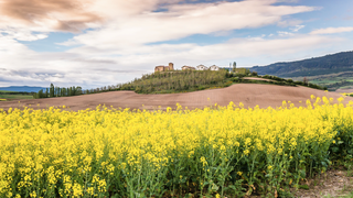 Vista de Uterga, en Navarra, con su iglesia en lo alto