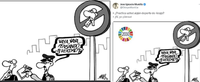 A la izquierda, viñeta original de Forges. A la derecha, la manipulación de Munilla