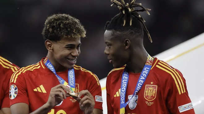 Lamine Yamal y Nico Williams tras la victoria de España en la Eurocopa