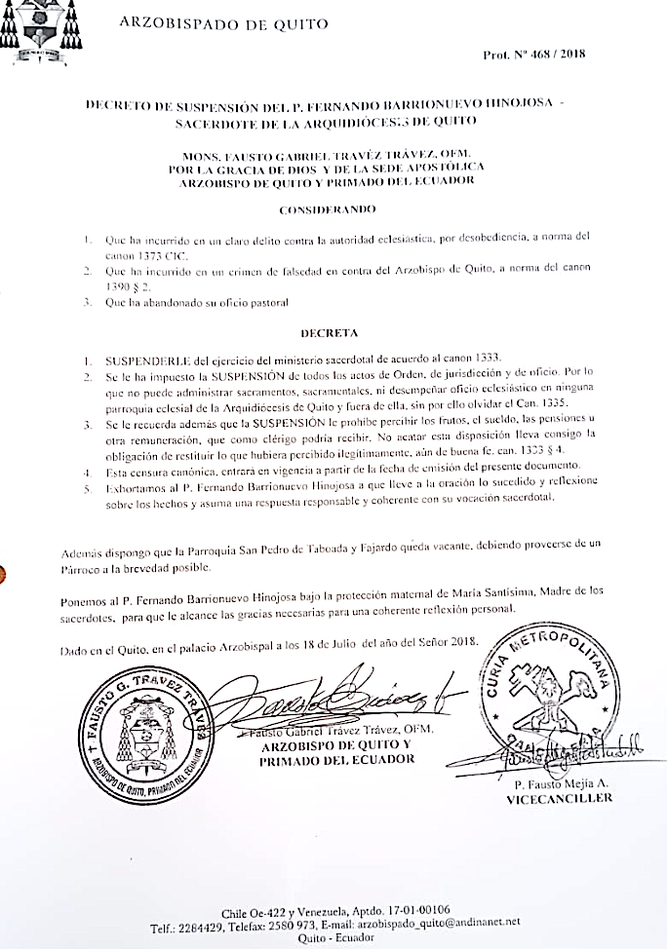 Decreto de suspensión del padre Barrionuevo